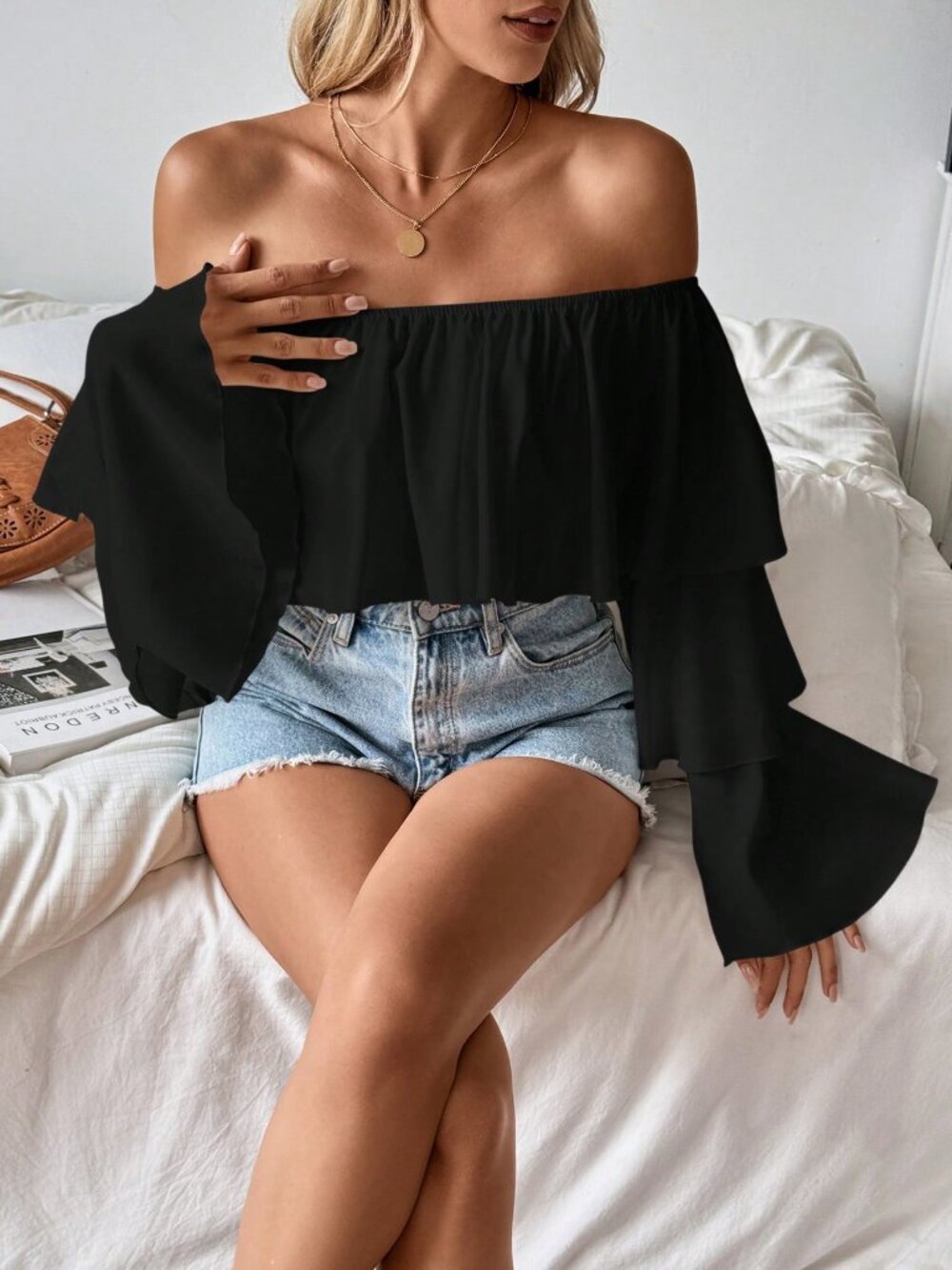 Black Casual Women's Off-Shoulder Ruffle Collar Blouse - Picture 5 of 6